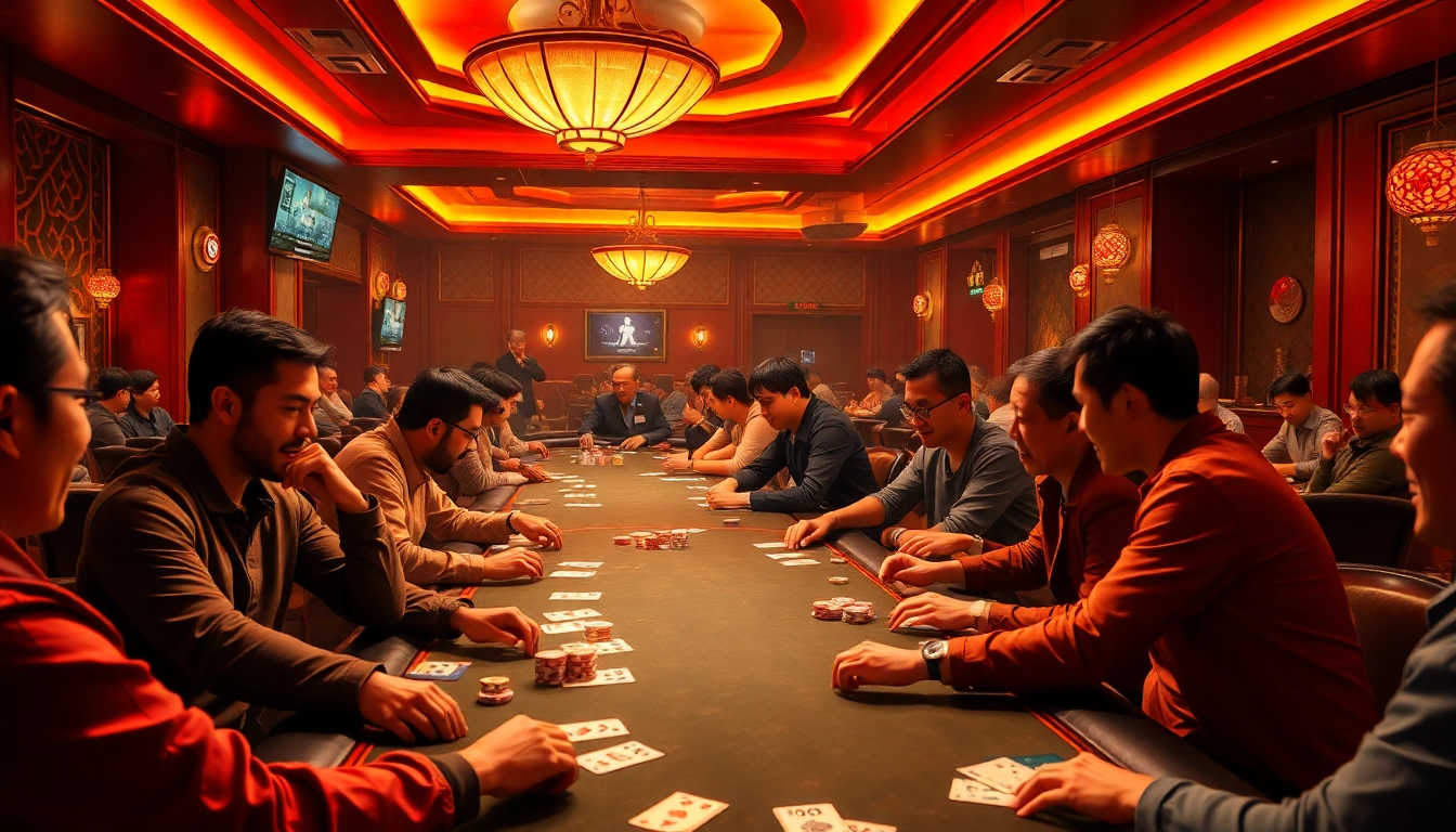 Experience the excitement of the top game bài đổi thưởng in a lively gaming room filled with players and colorful cards.