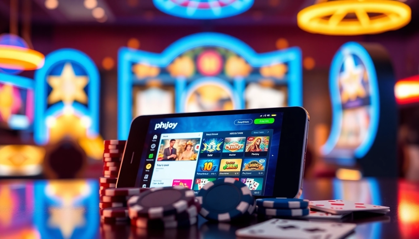 Experience the thrill of gaming with the phjoy app on your mobile device amidst casino props.