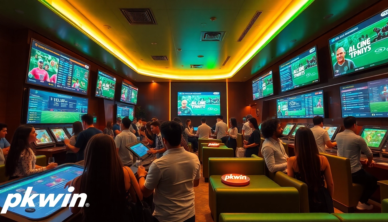 Experience a thrilling moment in the vibrant pkwin sports betting lounge filled with excitement and engaged patrons.