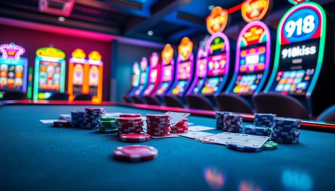 Engaging scene of a casino setup showcasing 918kiss logo on a slot machine with vibrant poker chips and cards.
