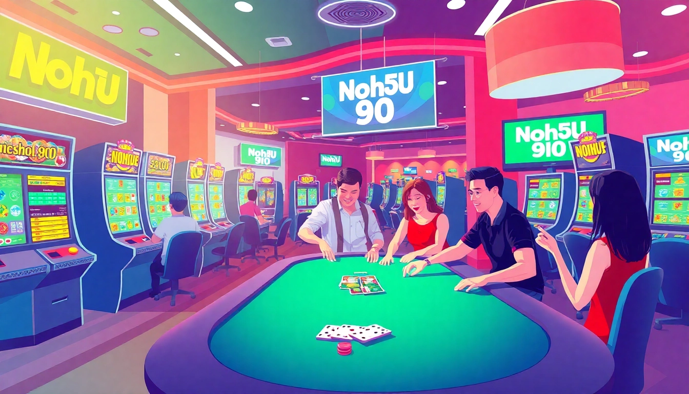 Experience the excitement of Nohu 90 with players at a lively casino scene featuring vibrant slot machines and engaging games.
