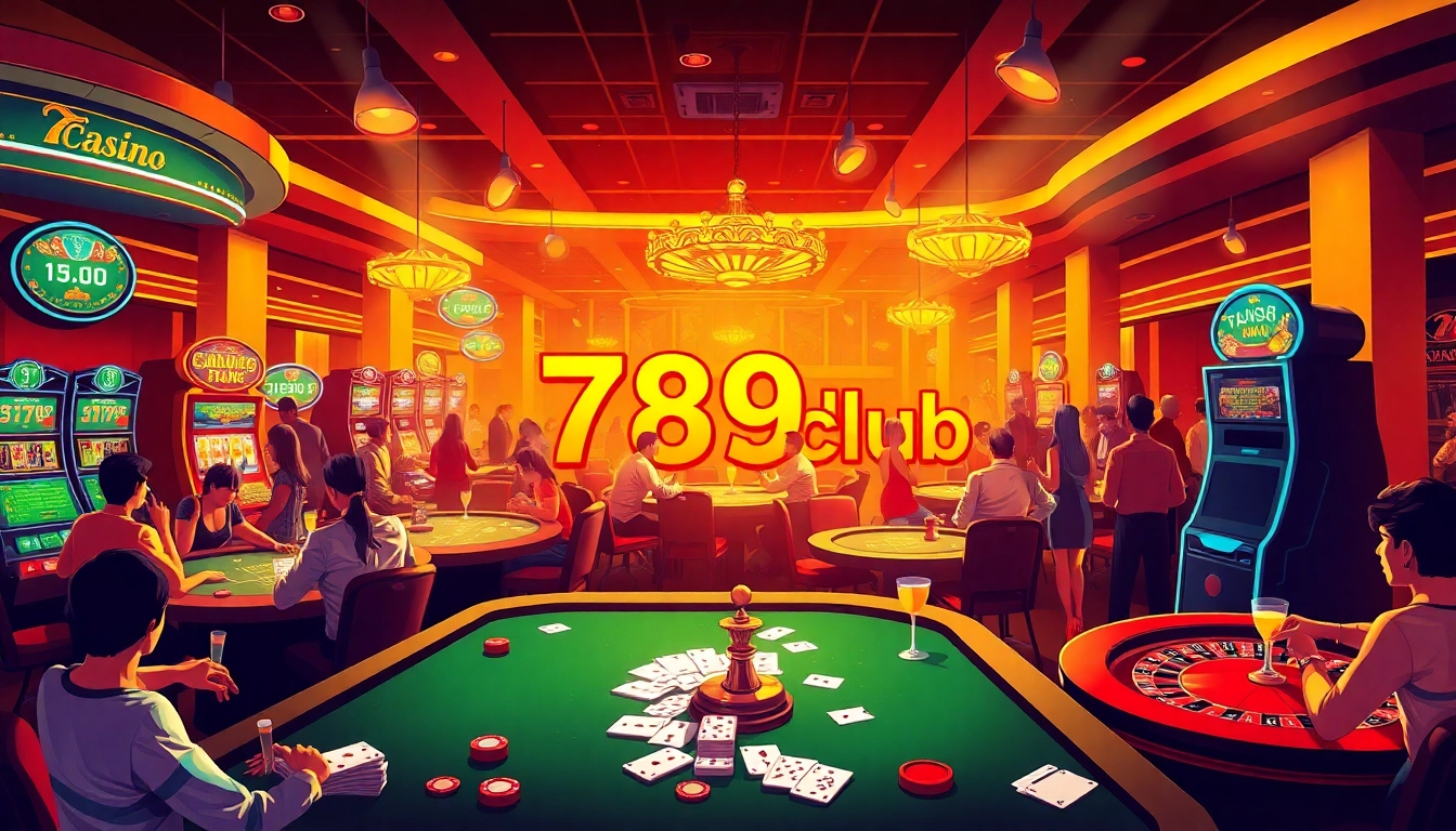 Capture the thrilling atmosphere of 789club with players engaged in dynamic gaming at a vibrant casino scene.