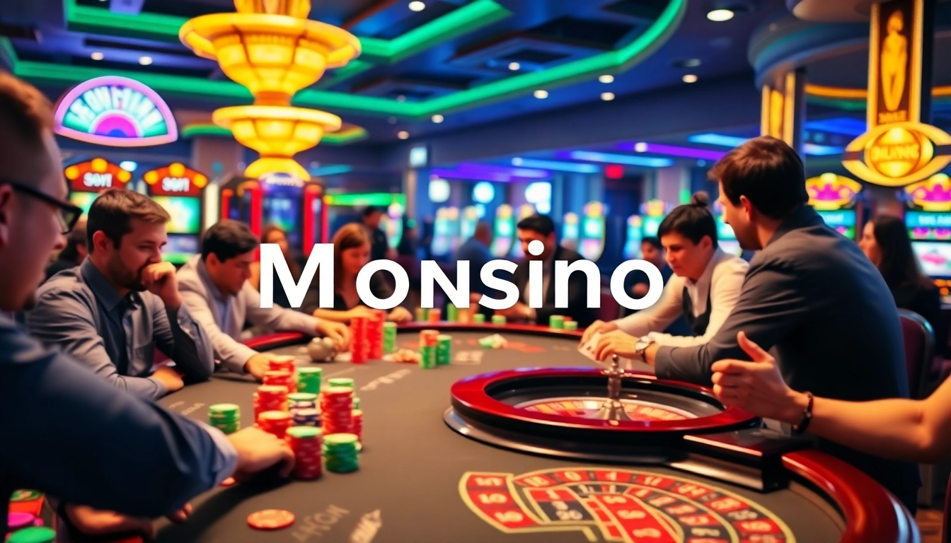 Monsino Casino ambiance featuring players engaged in an exhilarating roulette game, showcasing the thrill of casino betting.