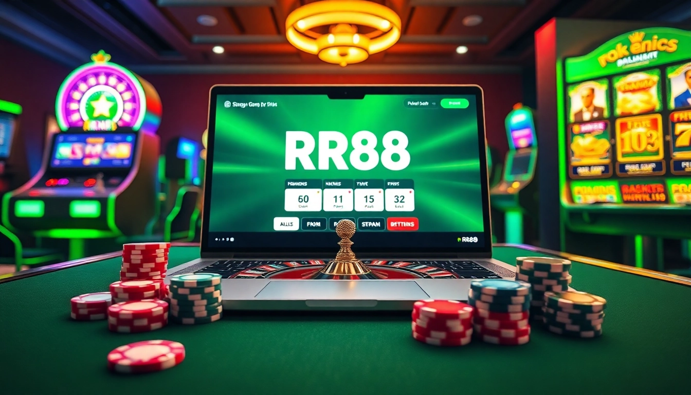Experience the excitement of rr88 đăng nhập with vibrant casino elements like chips and slot machines.