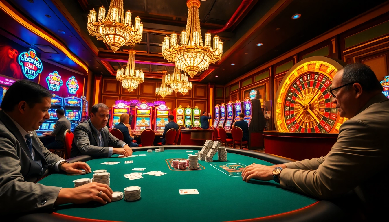 Bong da lu fun showcases an exhilarating poker game among enthusiastic players at a lively casino.