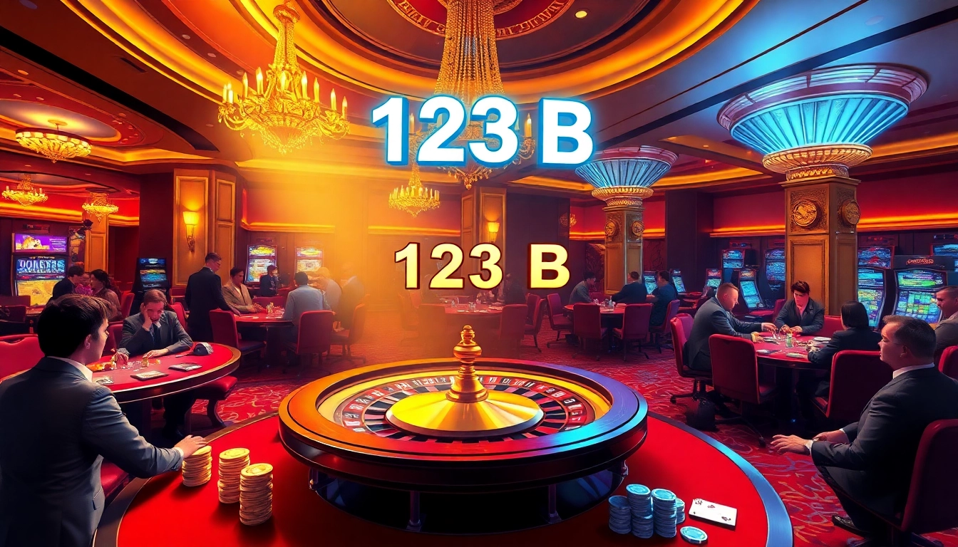 Exciting scene of an upscale casino at "123 B" featuring vibrant poker games and glamorous roulette, inviting players.