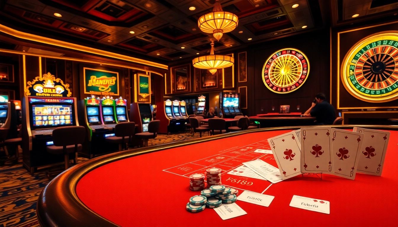 Experience thrilling action at f168.fit casino with players enjoying poker, vibrant slots, and a spinning roulette wheel.