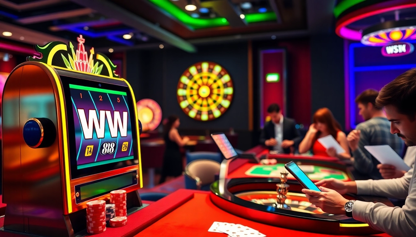 Experience thrilling bets with ww 88 in a dynamic casino scene filled with slot machines and poker chips.