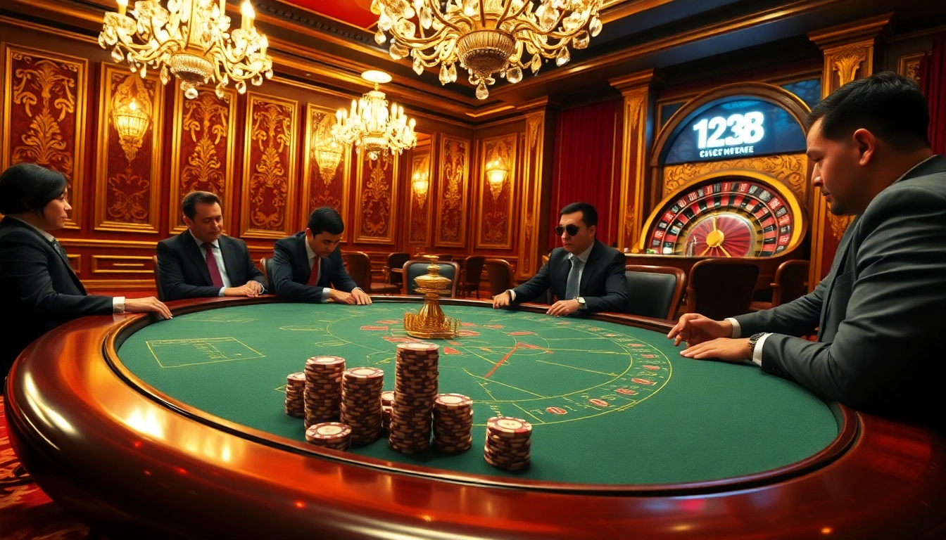 Exciting poker game at a luxury casino featuring poker chips and a roulette wheel, highlighting 123 B's vibrant atmosphere.