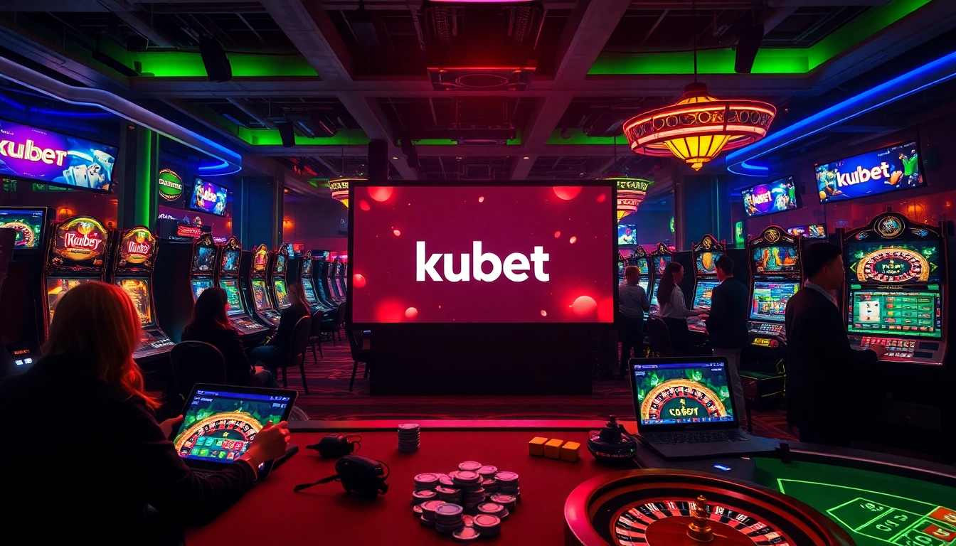 kubet online casino scene showcasing vibrant gaming, card tables, and illuminated screens.
