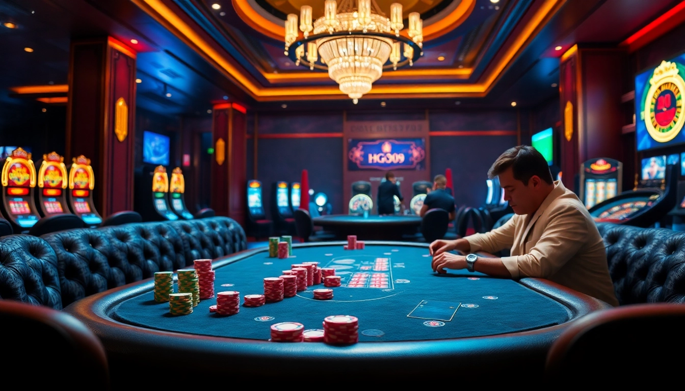 Experience thrilling gameplay with hgo909 daftar at our luxurious casino, featuring poker tables and vibrant slot machines.