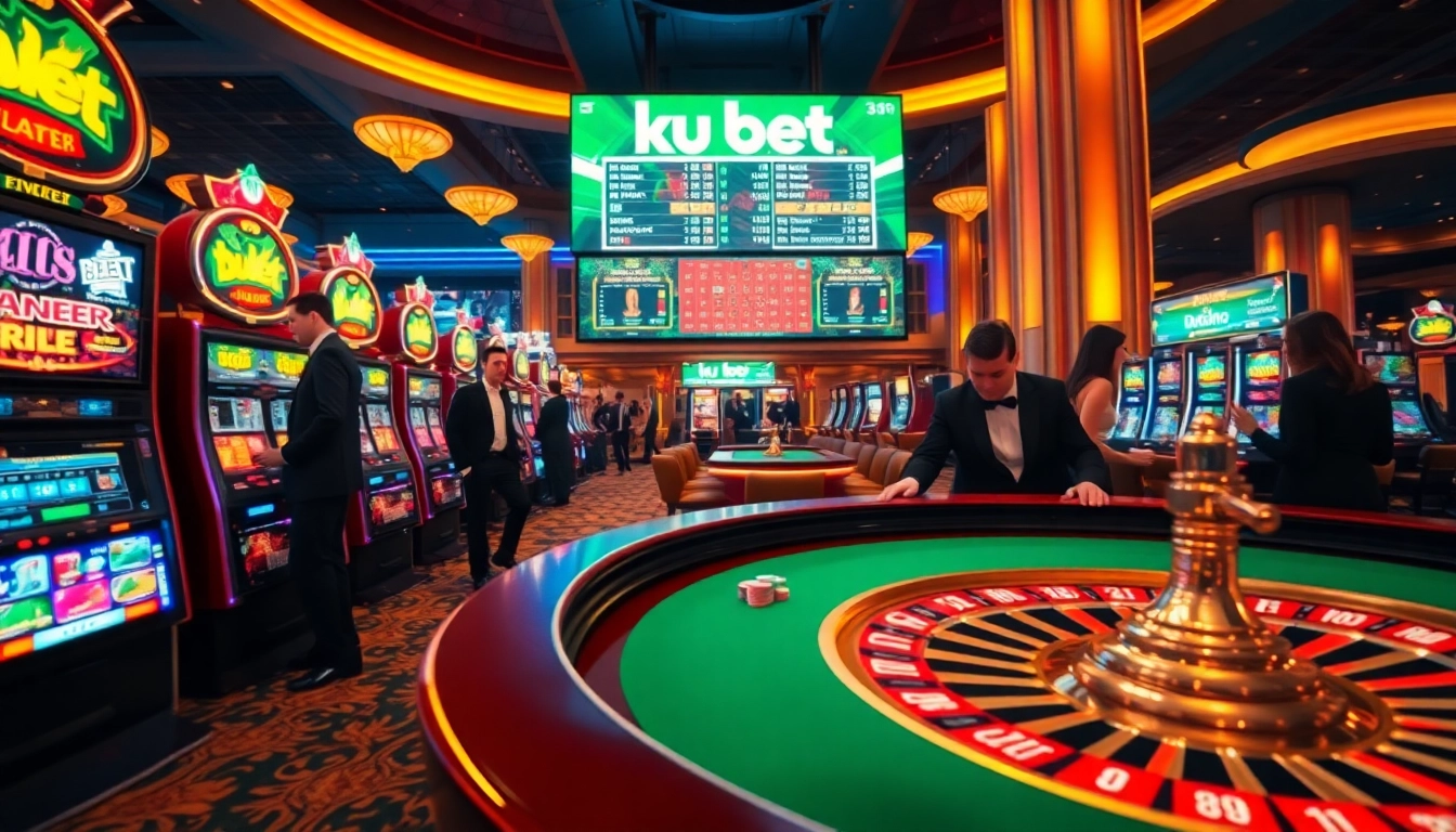 Players engaging with ku bet at a vibrant casino, showcasing roulette and slot machines.