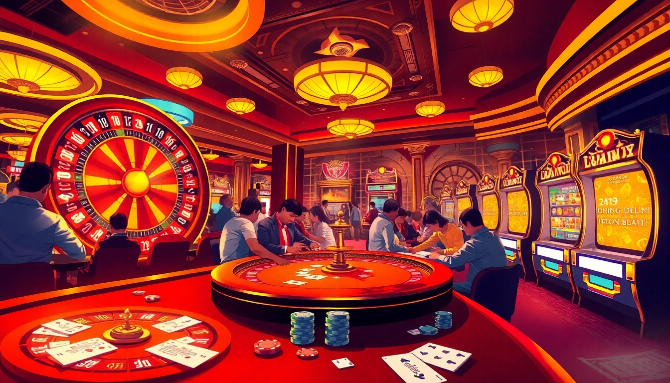 Experience the excitement at nhà cái Debet with players enjoying poker and roulette in a luxury casino ambiance.