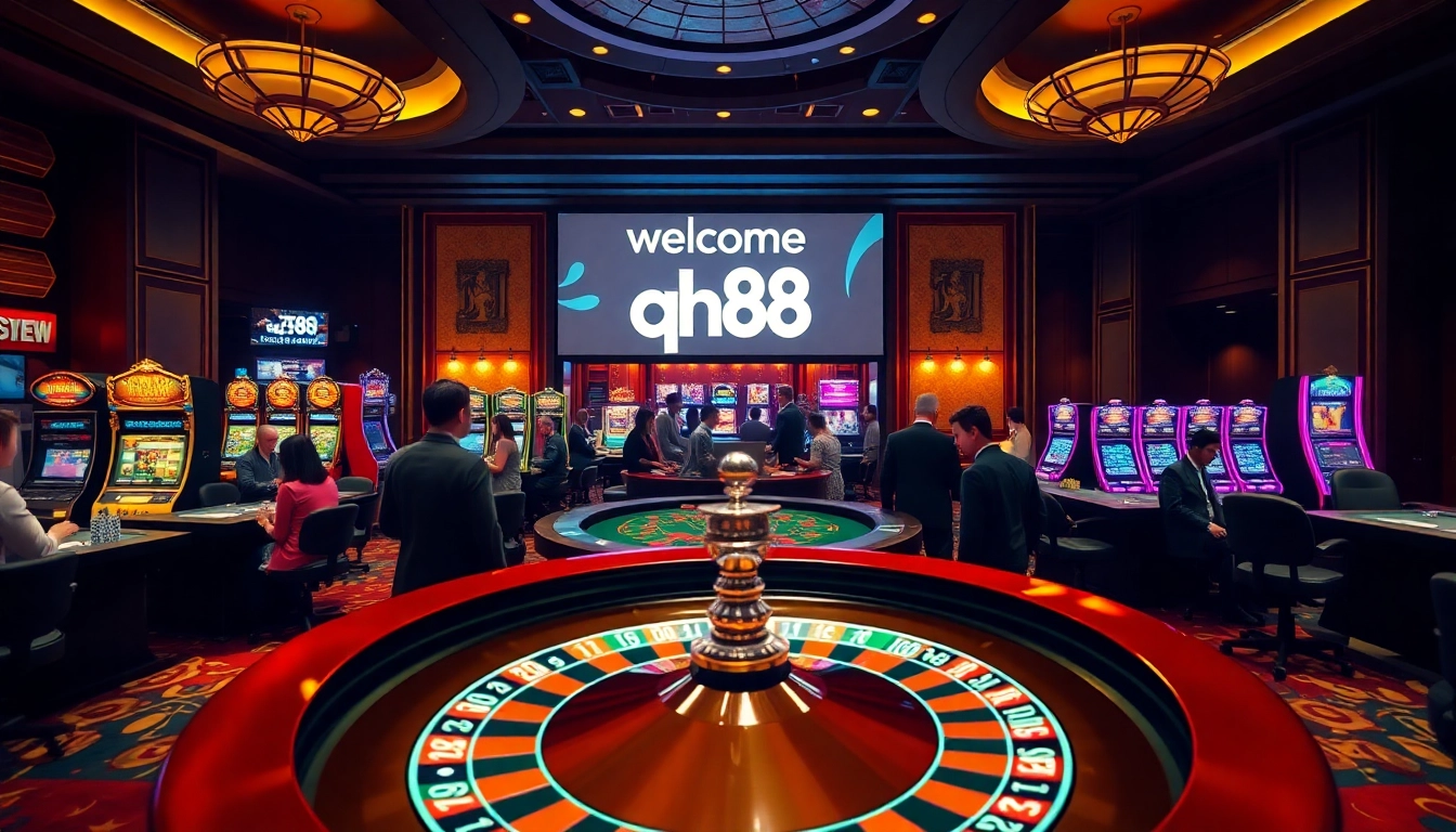 Experience the electrifying atmosphere of đăng nhập qh88 at a luxurious casino with tables and exciting players.
