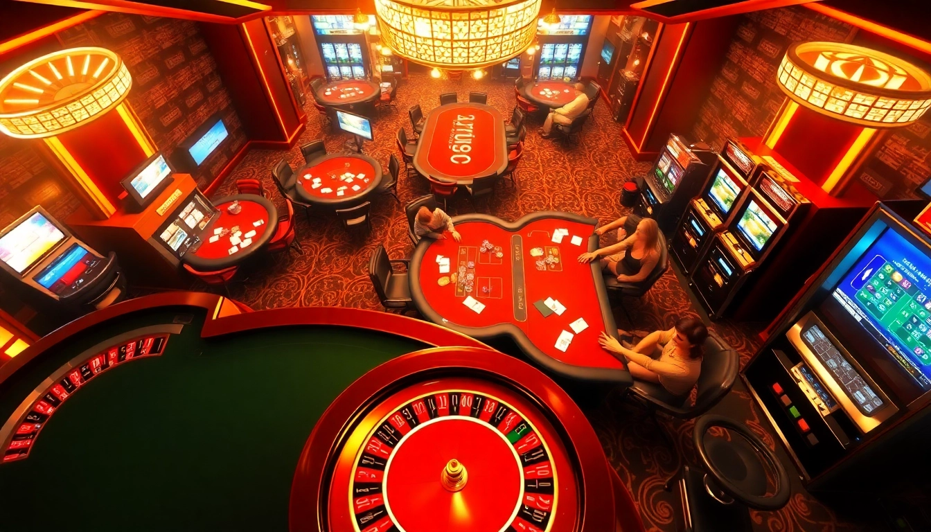 Exciting gaming atmosphere at nhà cái rr88 featuring poker tables and slot machines.