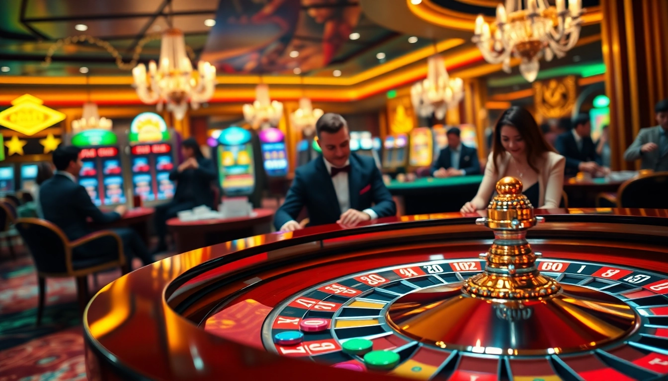 Game bài đổi thưởng experience at a vibrant casino with players at a roulette table and slot machines.