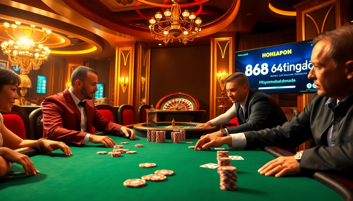 Players strategizing at a poker table in a luxury casino, with excitement and the URL https://68gamebai.download/ integrated for an immersive experience.