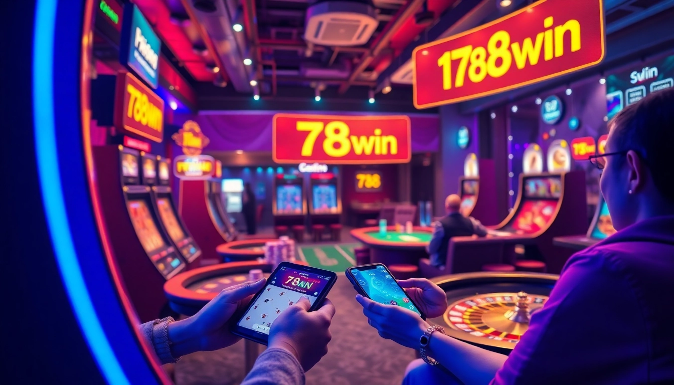 Engaging players on the trang chủ 78win online casino, showcasing vibrant slot machines and poker tables.