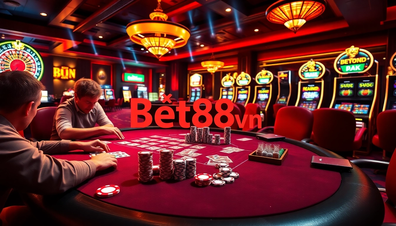 Experience the thrill of gambling with Bet88vn at a vibrant casino table featuring intense poker action.