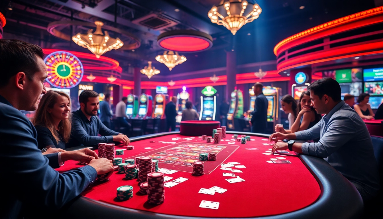 Experience thrilling poker action with colorful chips at https://68gamebai.download/ showcasing high-stakes tables and vibrant casino lights.