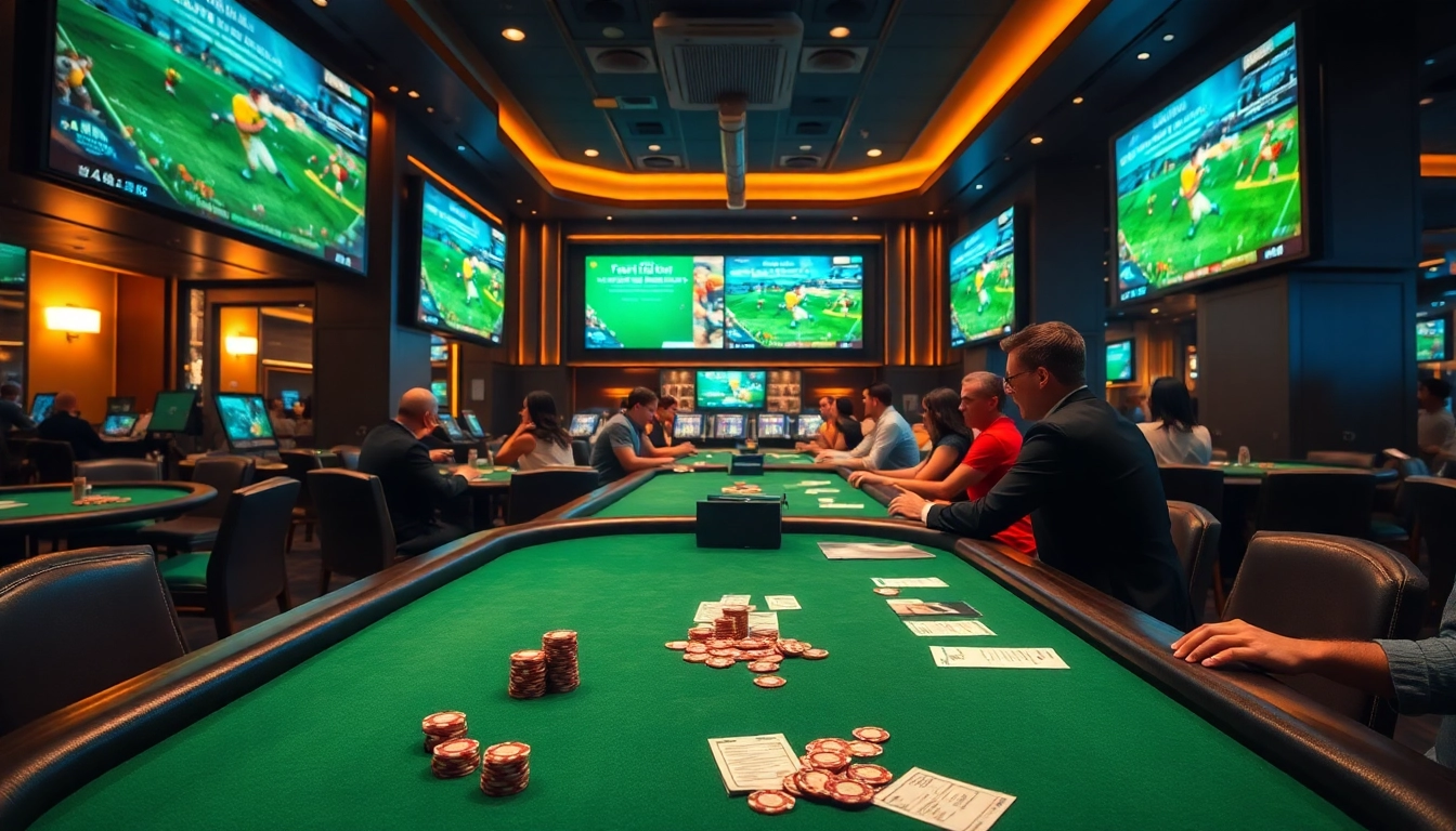Experience the thrill of thể thao v9bet with a dynamic sports betting lounge featuring engaged players and live event displays.