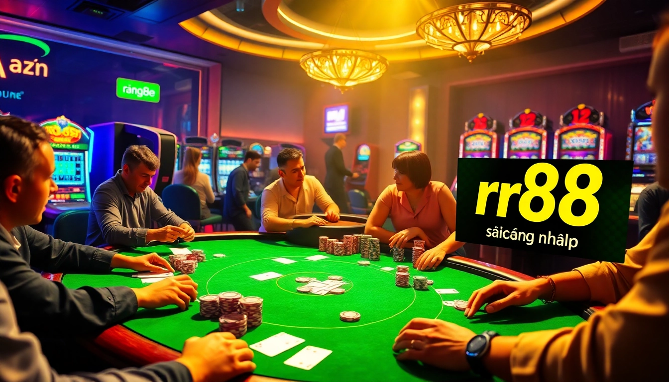 rr88 đăng nhập as players enjoy an exhilarating poker game at a vibrant casino with poker chips and cards.