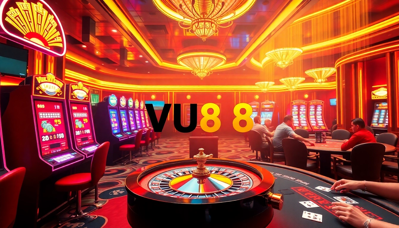 Experience the thrill of VU88 in a vibrant casino setting, with players at poker tables, roulette wheels, and slot machines.