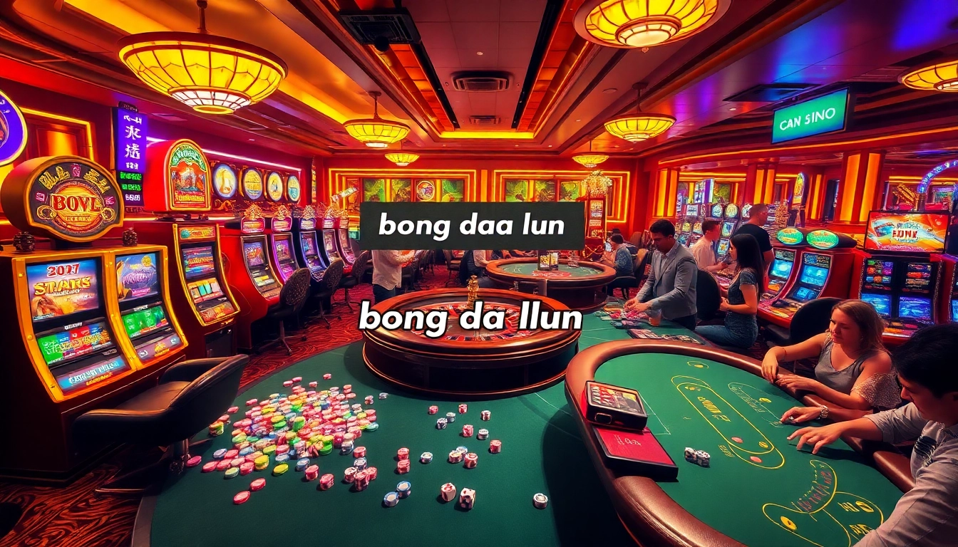 Bong da lu fun captures the excitement of a live casino with roulette, cards, and lively players engaged in gaming.