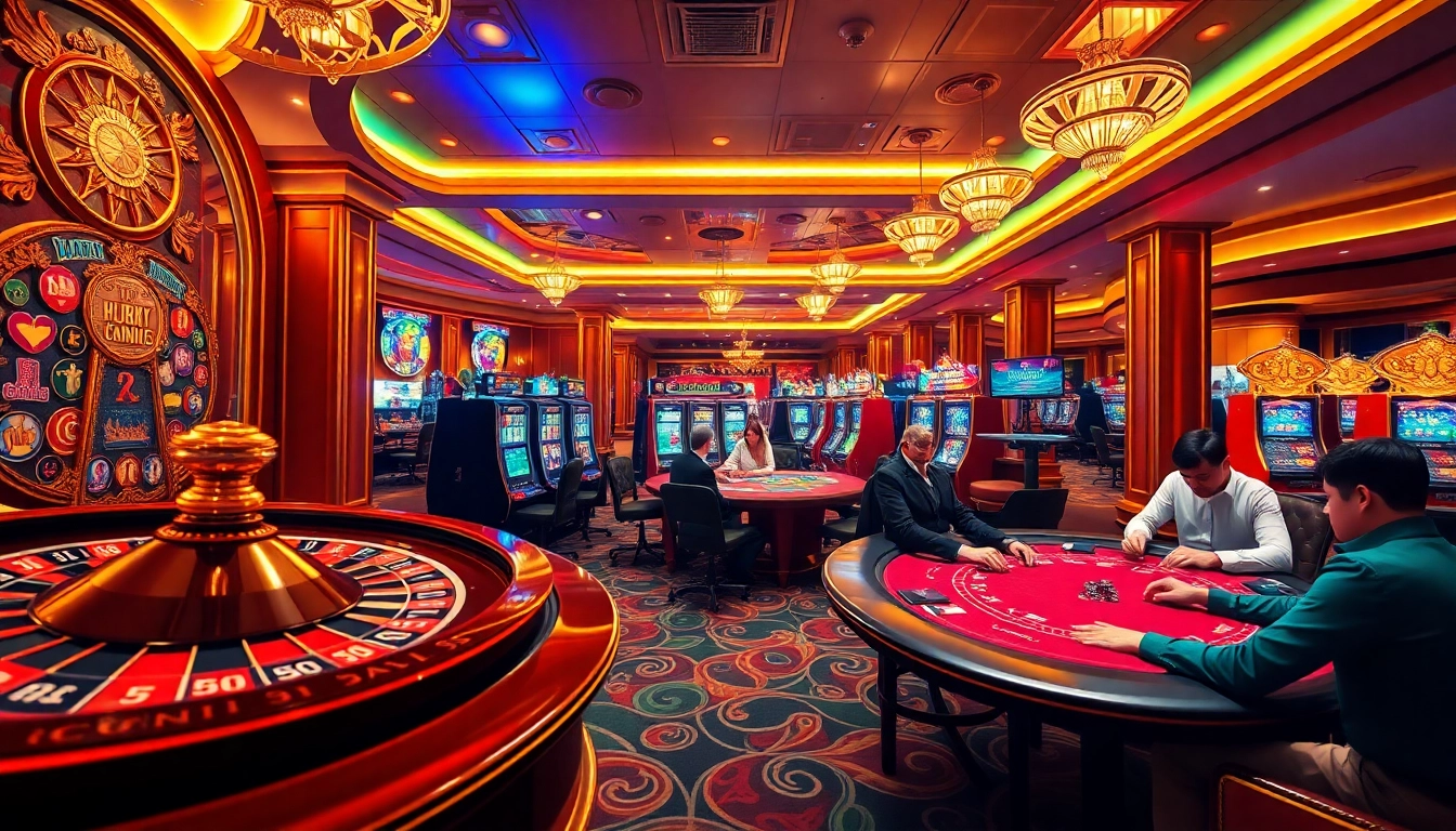 Experience the thrill of trusted gambling with 'trang nhà cái uy tín' showcased in a bustling casino atmosphere.