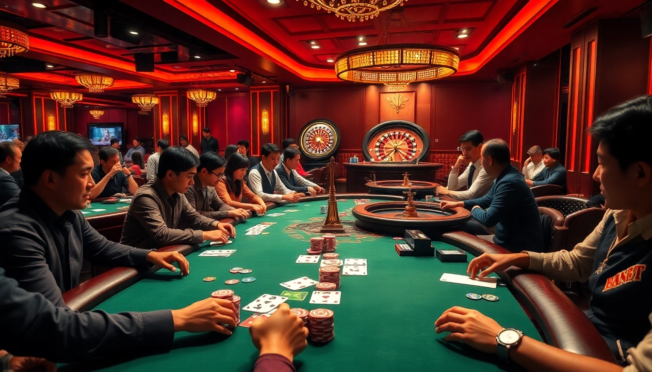 Experience the thrills of as players strategize and bet at vibrant casino tables amid an electric atmosphere.