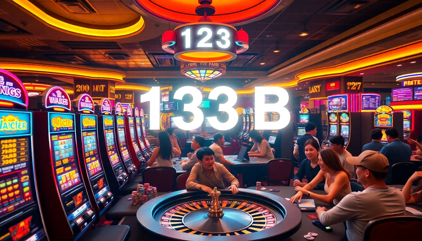 A vibrant casino scene showcasing players at poker tables and slot machines, celebrating wins with a "123 B" neon sign glowing above.