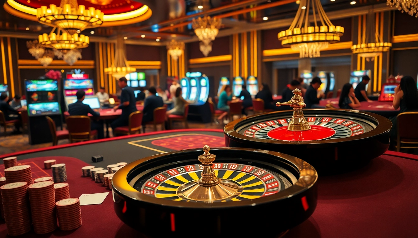 "Experience the excitement of gambling with bong da lu fun at a vibrant casino, featuring poker tables and roulette wheels."