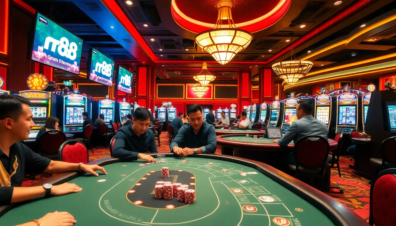 rr88 đăng nhập at a bustling casino floor with players engaging in poker and vibrant slot machines lighting up the scene.