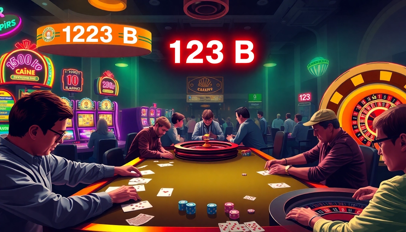 Experience the thrill at the 123 B poker table filled with intense players, vibrant colors, and excitement.