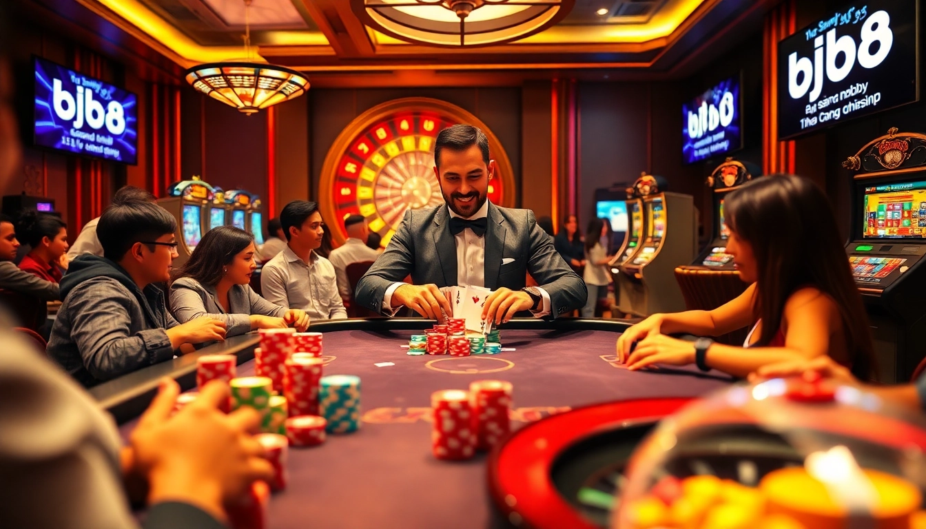 Experience the excitement of online gambling with bj88 đăng nhập as players revel at a colorful poker table featuring lively interactions and vibrant slot machines.