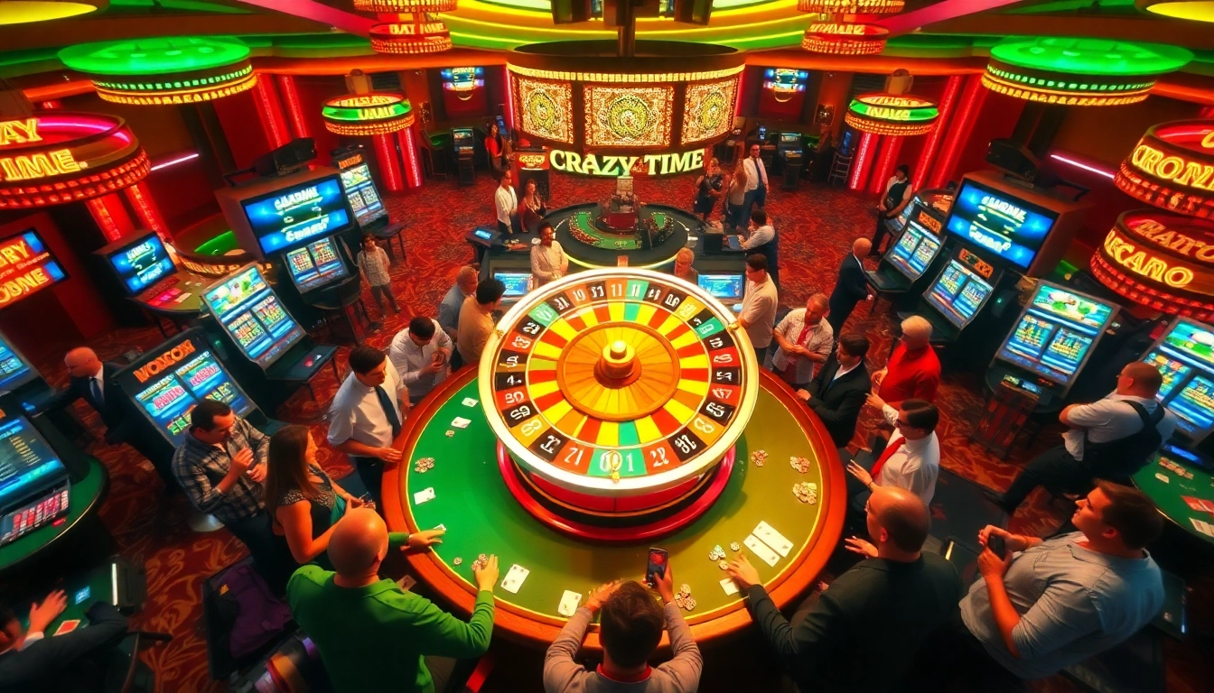 Experience the excitement of "live crazy time" at a bustling casino, full of players engaging in lively bets and spinning wheels.