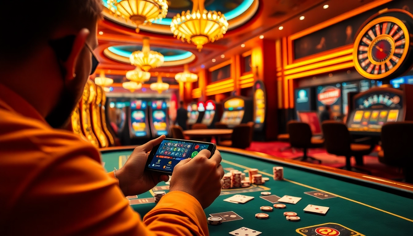 Access SUT88 ĐĂNG NHẬP through a dynamic online casino interface with poker chips, bright slot machines, and a spinning roulette wheel.