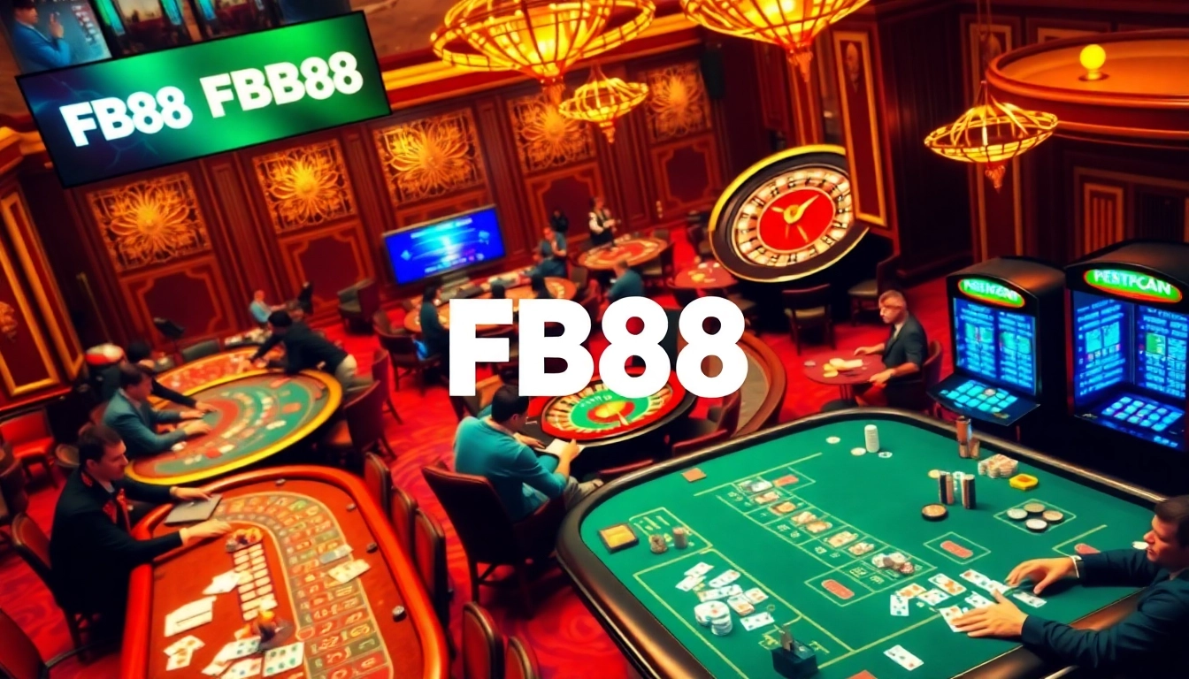 Experience the thrill of FB88 at lively casino tables with players betting on cards and roulette.
