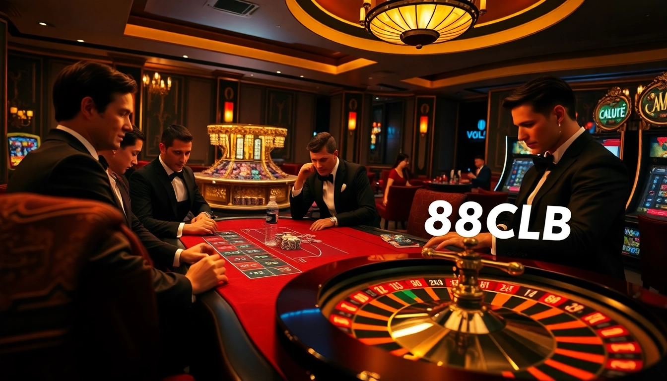 88CLB players excitedly betting at a luxurious blackjack table in a vibrant casino atmosphere.