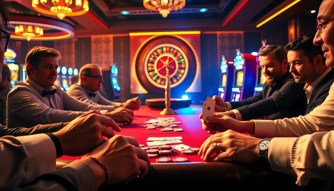 Supertkb88: Players at an exciting poker table showcasing intense action with poker chips and cards.