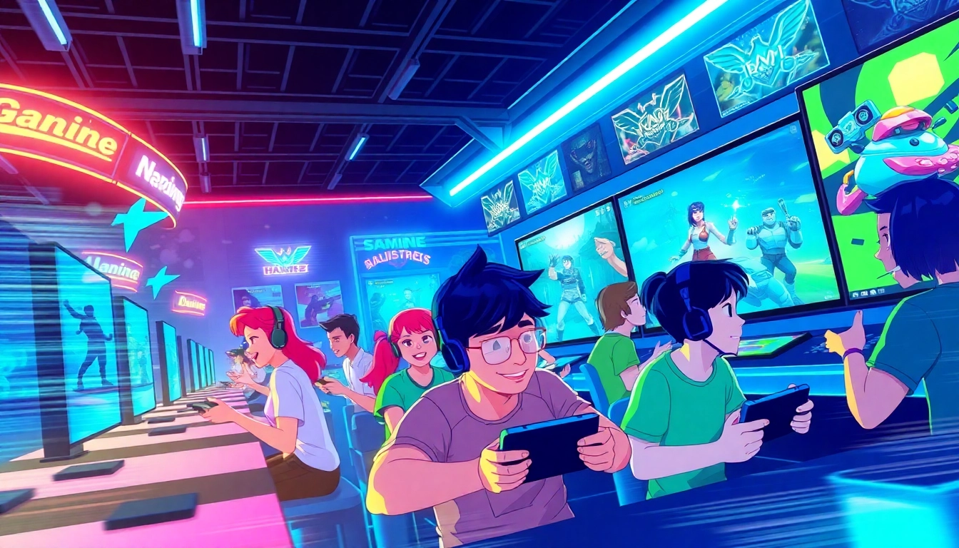 Explore thrilling game online experiences with diverse animated players in a futuristic gaming arena.