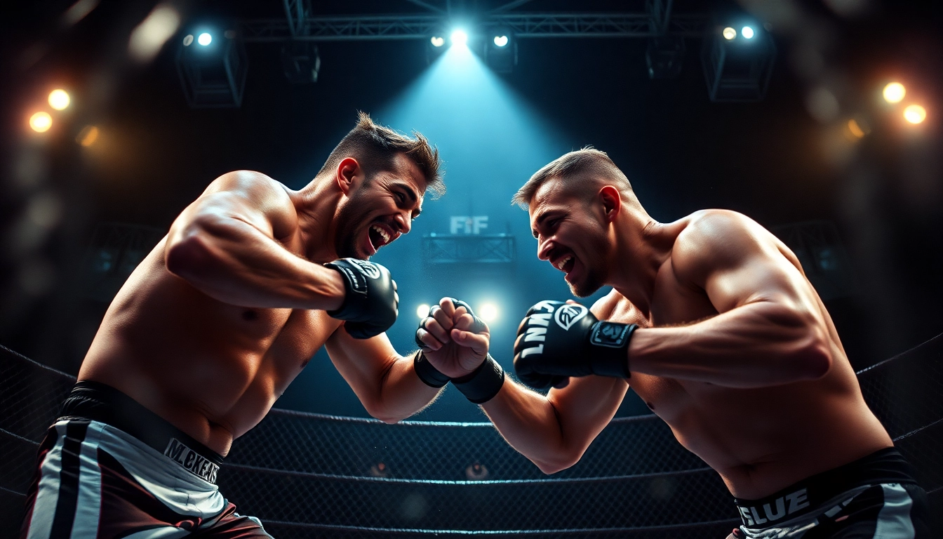 MMA odds analysis with fighters engaged in a fierce match, showcasing excitement and strategy.